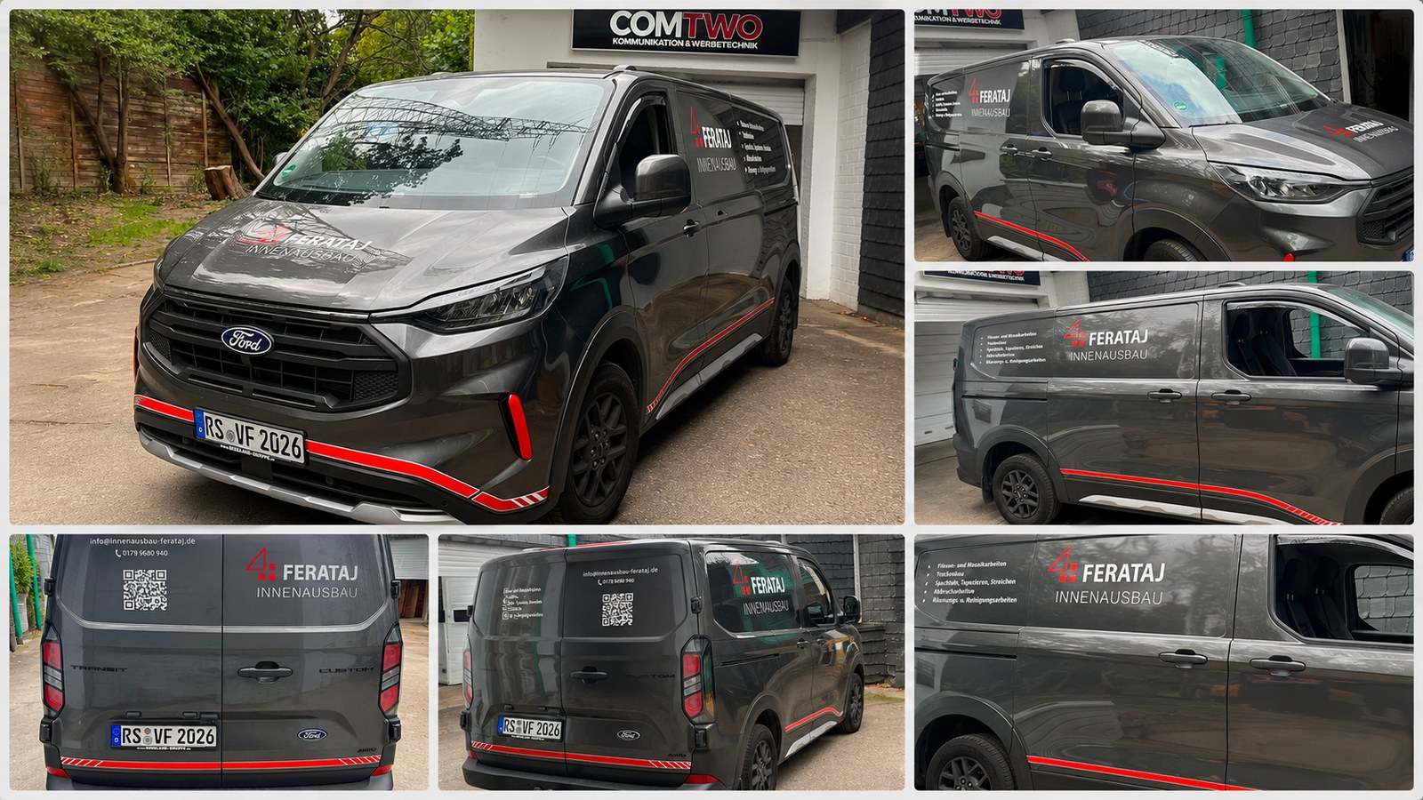 Fahrzeugbeschriftung Ferataj Innenausbau Collage eines beschrifteten Ford Transit Custom von Ferataj Innenausbau mit Front-, Seiten- und Heckansichten